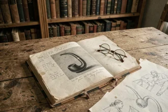 Livre d'art vintage ouvert sur une table en chêne montrant une illustration de pipe avec annotations philosophiques manuscrites, évoquant l'œuvre de Magritte et la sémiologie des images