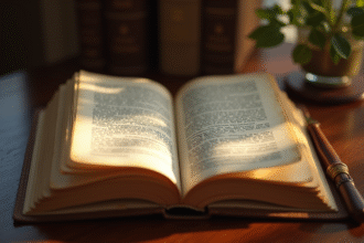 Livre de droit ancien ouvert sur un bureau en bois