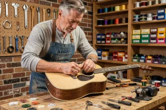 Luthier changeant les cordes d'une guitare Atlantic acoustique dans un atelier artisanal