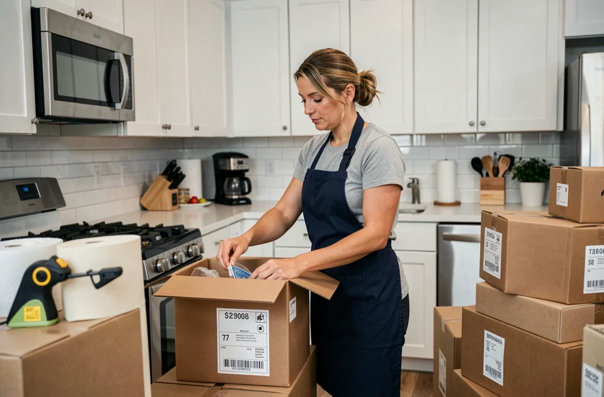 Professionnelle de Mab-Multiservices emballant des articles de cuisine dans des cartons dans un appartement moderne