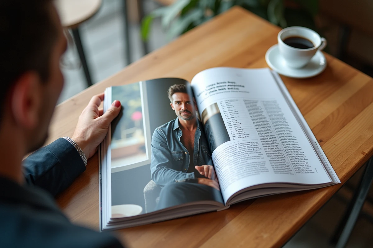 Magazine ouvert sur table café avec homme lisant