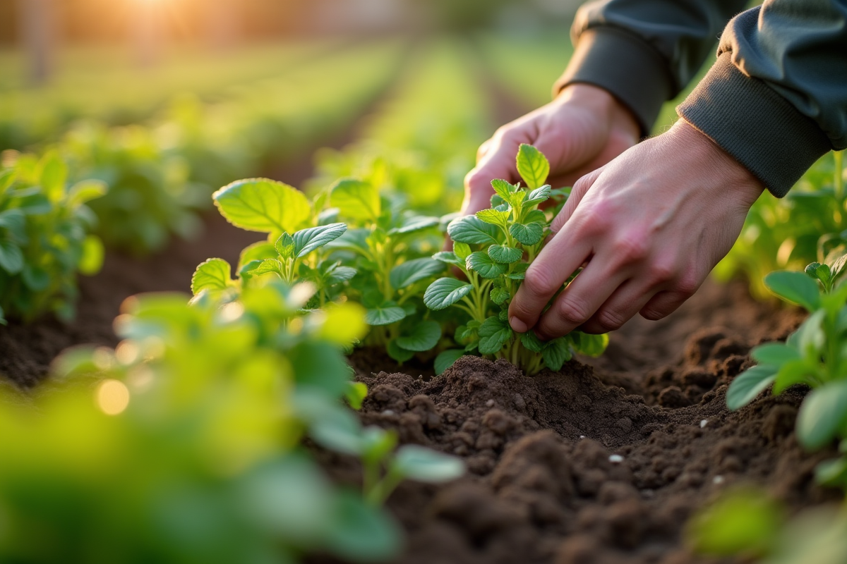 Mains plantant des herbes compagnes parmi les rangs de légumes