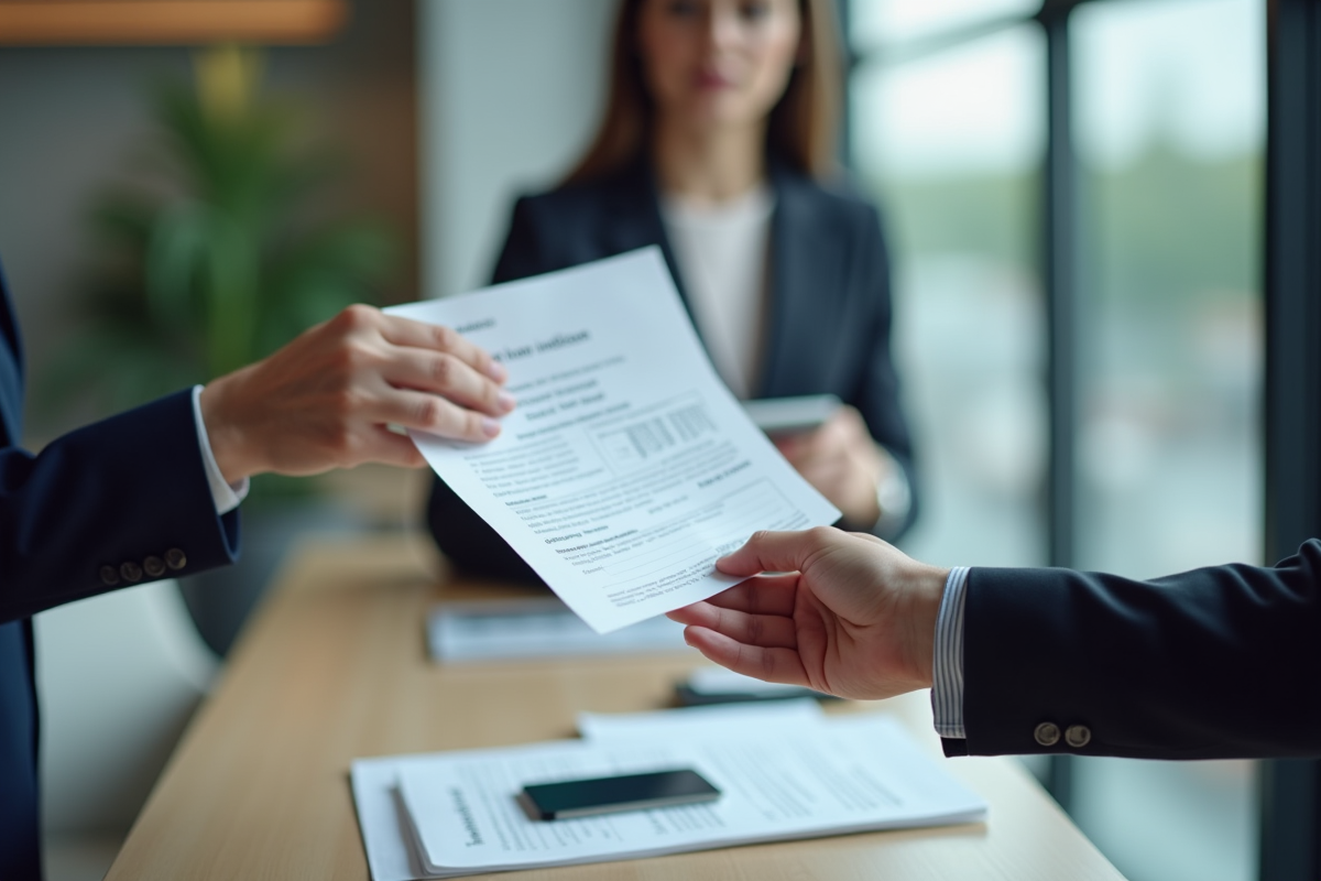 Mains remettant un formulaire complété à un professionnel en banque