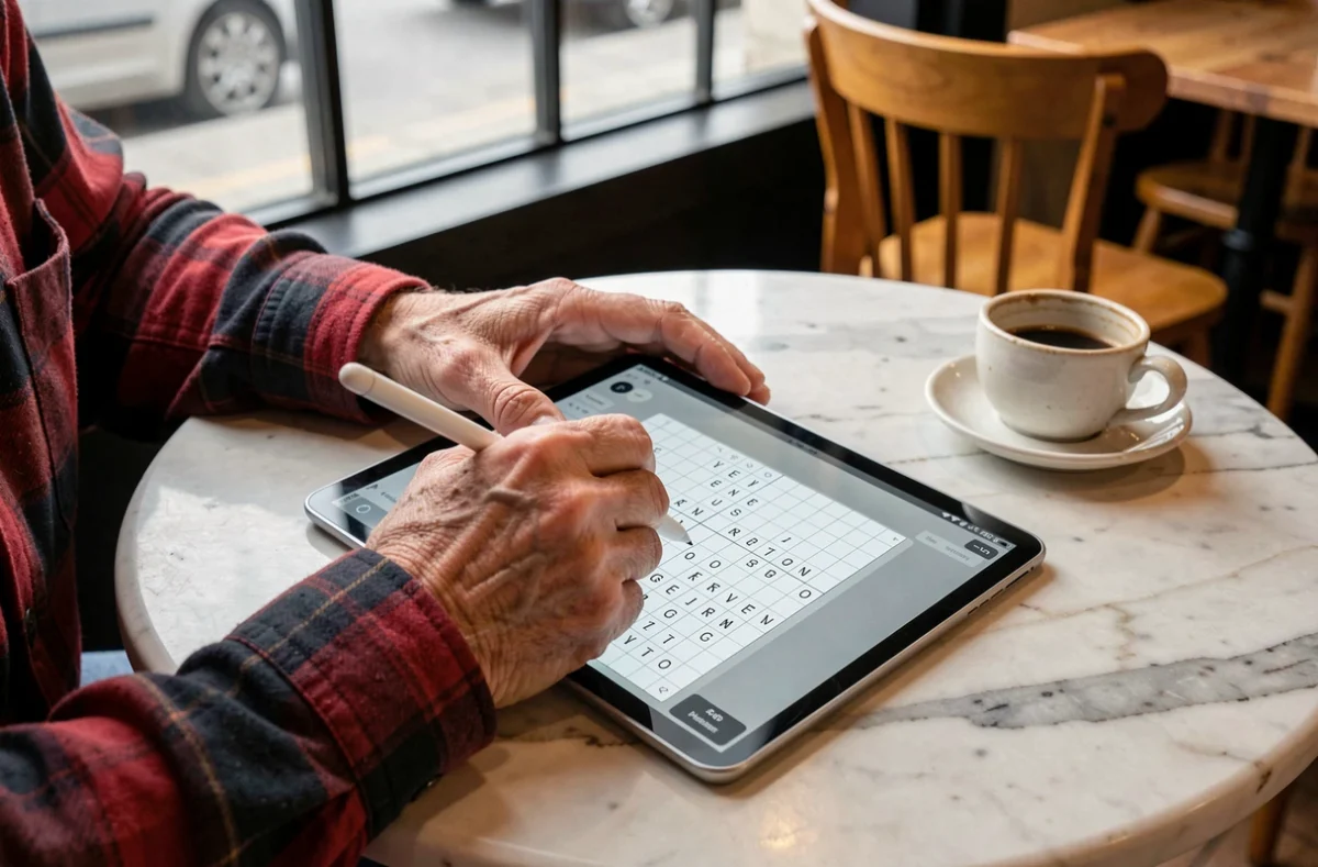 Mains d'une personne âgée utilisant une tablette dans un café pour chercher des solutions à une grille de mots fléchés difficile