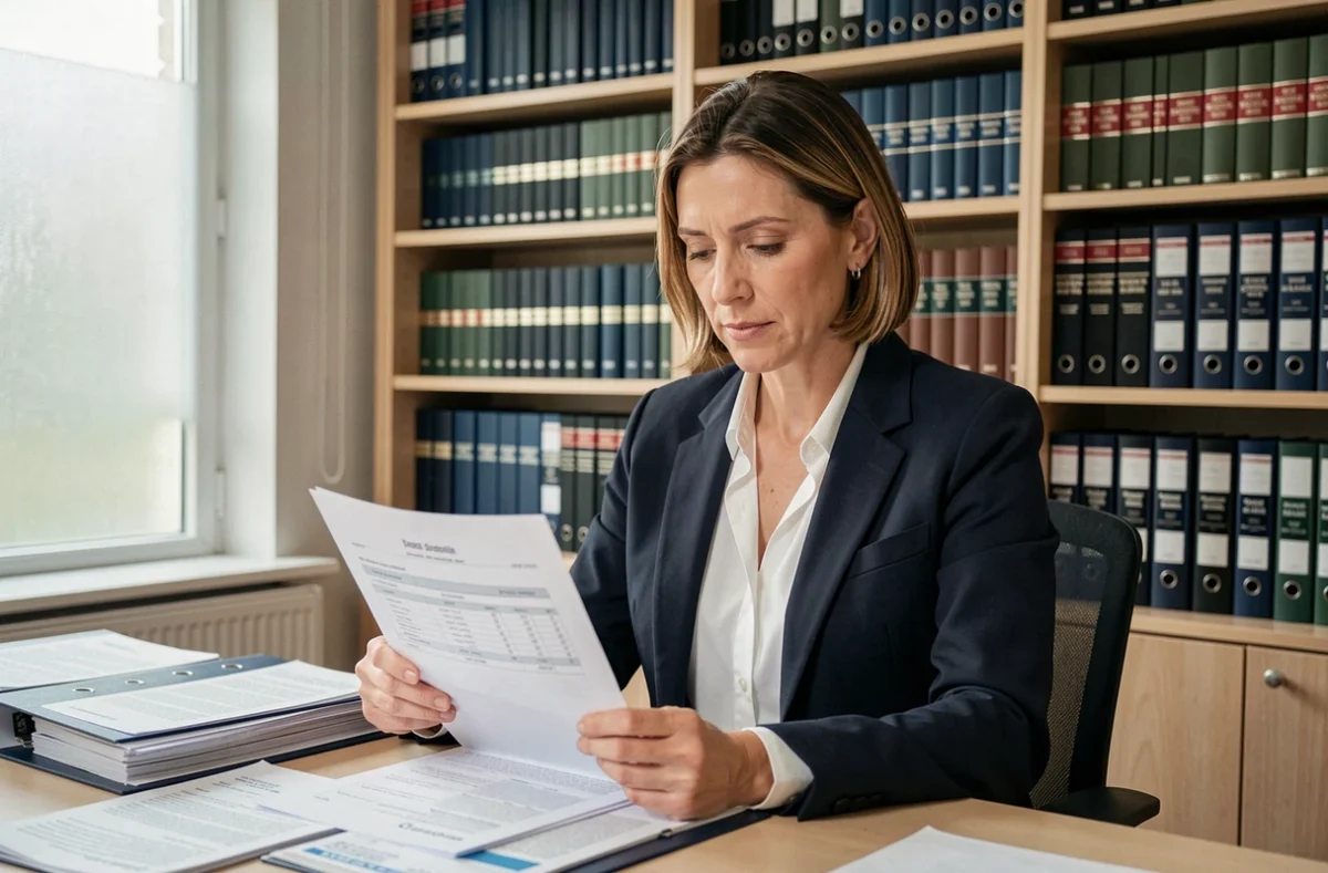 Maître Blandine Hericher Mazel, avocate en droit fiscal au barreau du Mans, assise à son bureau avec des dossiers fiscaux