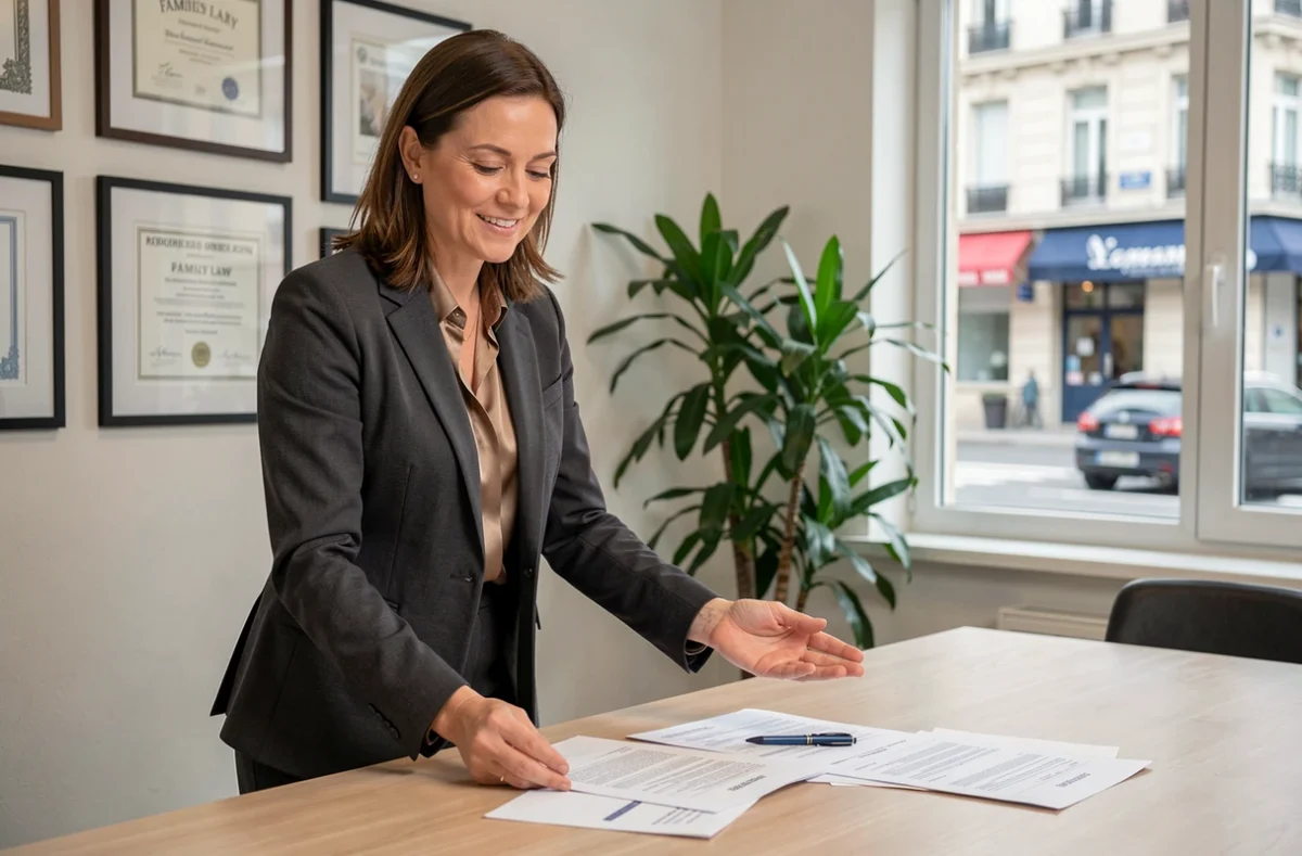 Maître Florence Vansteeger, avocate en droit de la famille au Mans, debout dans son cabinet avec des documents juridiques familiaux