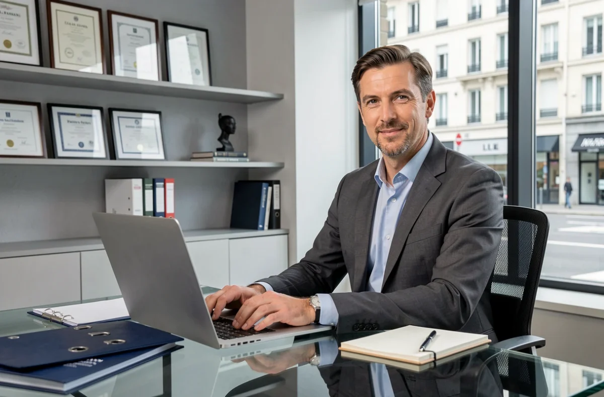 Maître Nicolas Calderero, avocat au barreau du Mans, assis à son bureau moderne avec un ordinateur portable et des dossiers juridiques