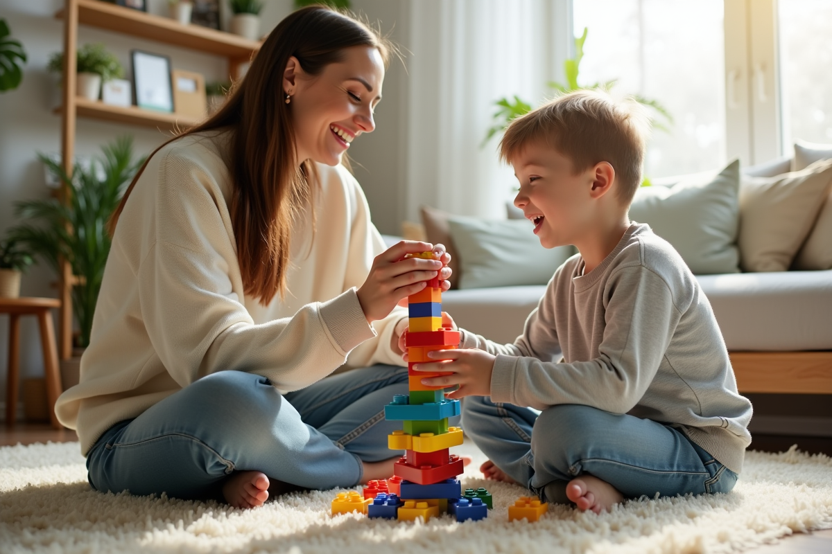 Mère et enfant construisant avec des blocs en salon