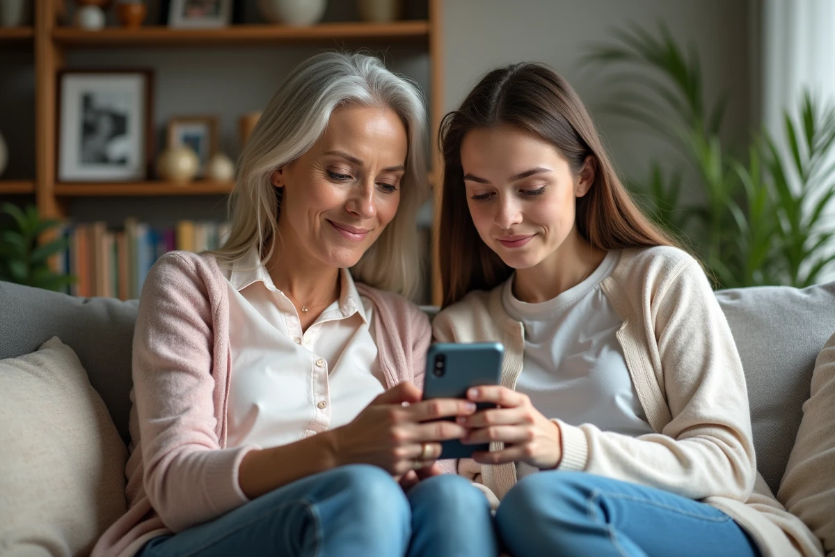 Femme et adolescente regardant un smartphone dans le salon