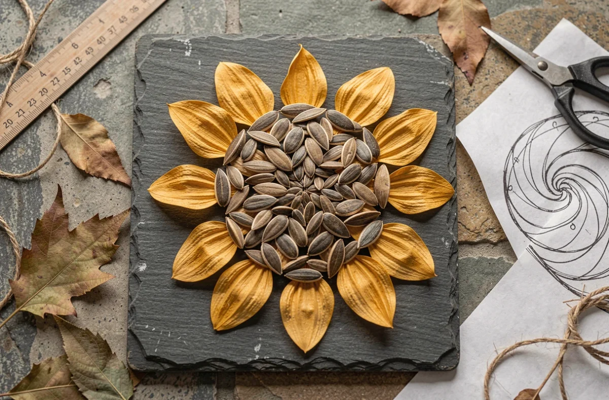 Vue de dessus d'un mandala en graines de tournesol séchées arrangées en spirales géométriques sur une surface en ardoise avec des outils de création artisanale