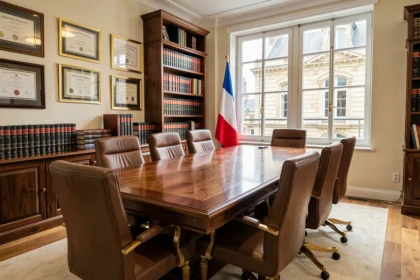 Vue d'ensemble d'un cabinet d'avocats professionnel dans la Sarthe avec livres de droit et table de conférence en bois