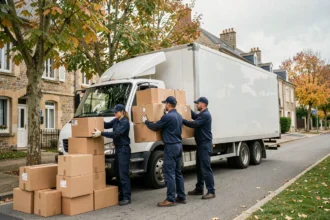 Équipe de déménageurs professionnels chargeant des cartons dans un camion blanc dans une rue résidentielle des Yvelines