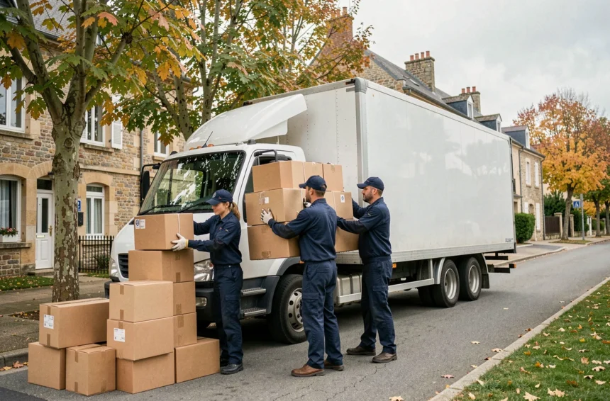 Équipe de déménageurs professionnels chargeant des cartons dans un camion blanc dans une rue résidentielle des Yvelines
