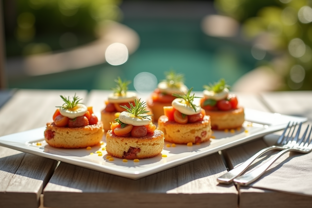 Mini gâteaux salés au chorizo et fromage sur une assiette moderne en extérieur