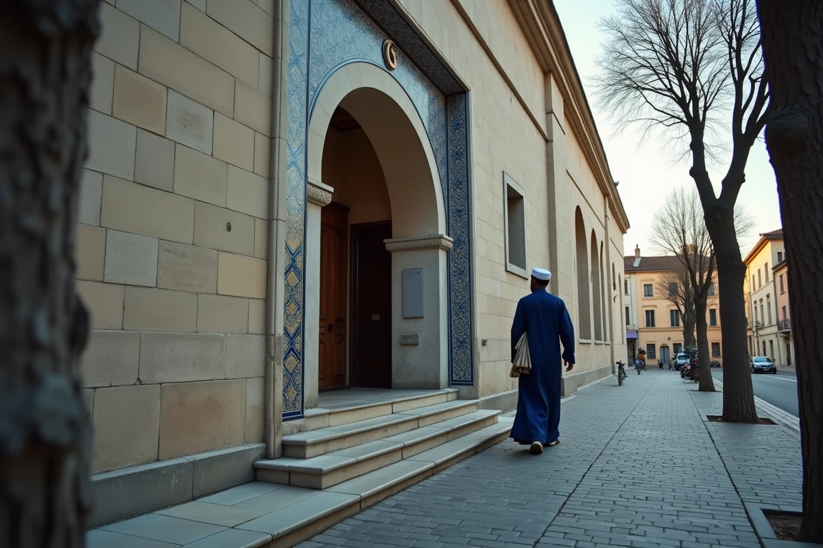 Homme en boubou bleu entrant dans une mosquée de Lyon pour la prière du soir pendant le Ramadan 2026