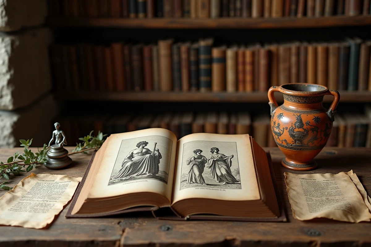Nature morte érudite avec livre ancien illustré d'Apollon, vase grec en terre cuite à figures rouges et figurine en bronze sur table en bois