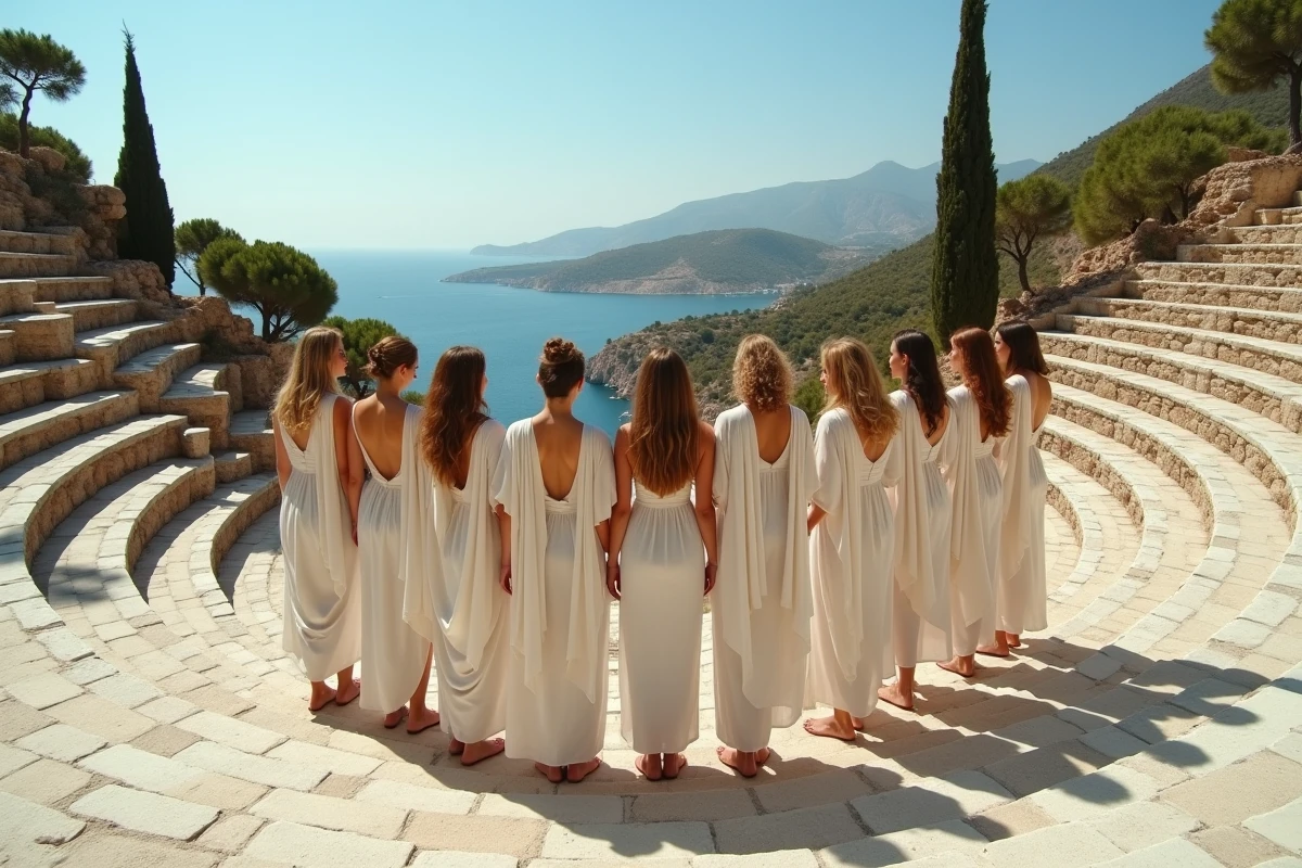 Reconstitution des neuf Muses grecques en robes drapées blanches dans un amphithéâtre antique en pierre avec vue sur la mer Égée