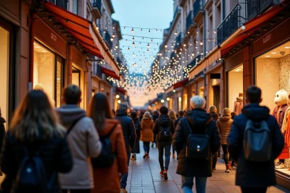 Foule animée lors de la Nocturne Toulouse 2026 dans une rue commerçante aux façades en briques roses