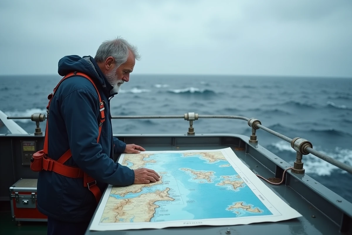 Océanographe étudiant une carte topographique des fosses océaniques sur un navire de recherche en pleine mer