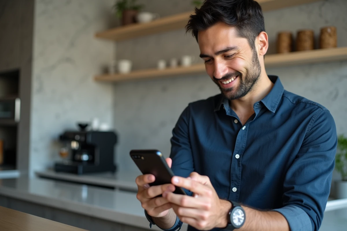 Homme effectuant un paiement sécurisé en ligne via smartphone dans un café moderne