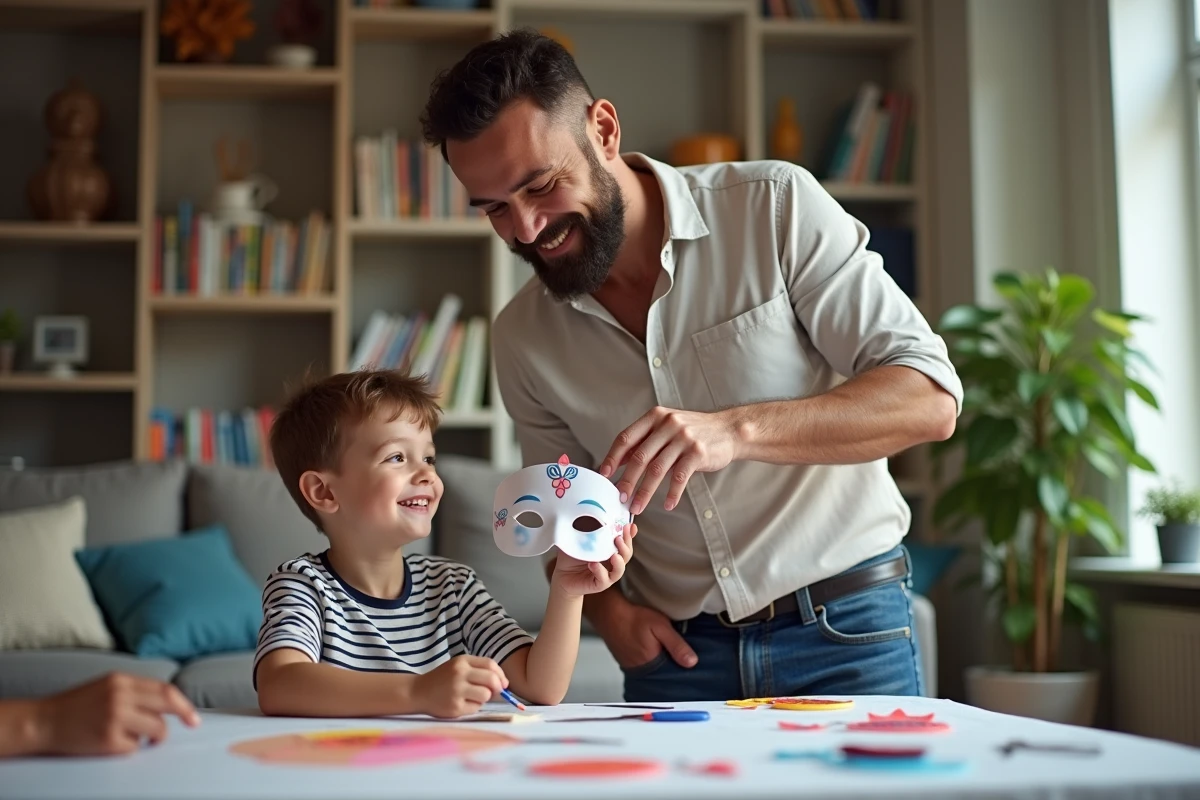 Pere montre un masque de carnaval a son fils dans le salon