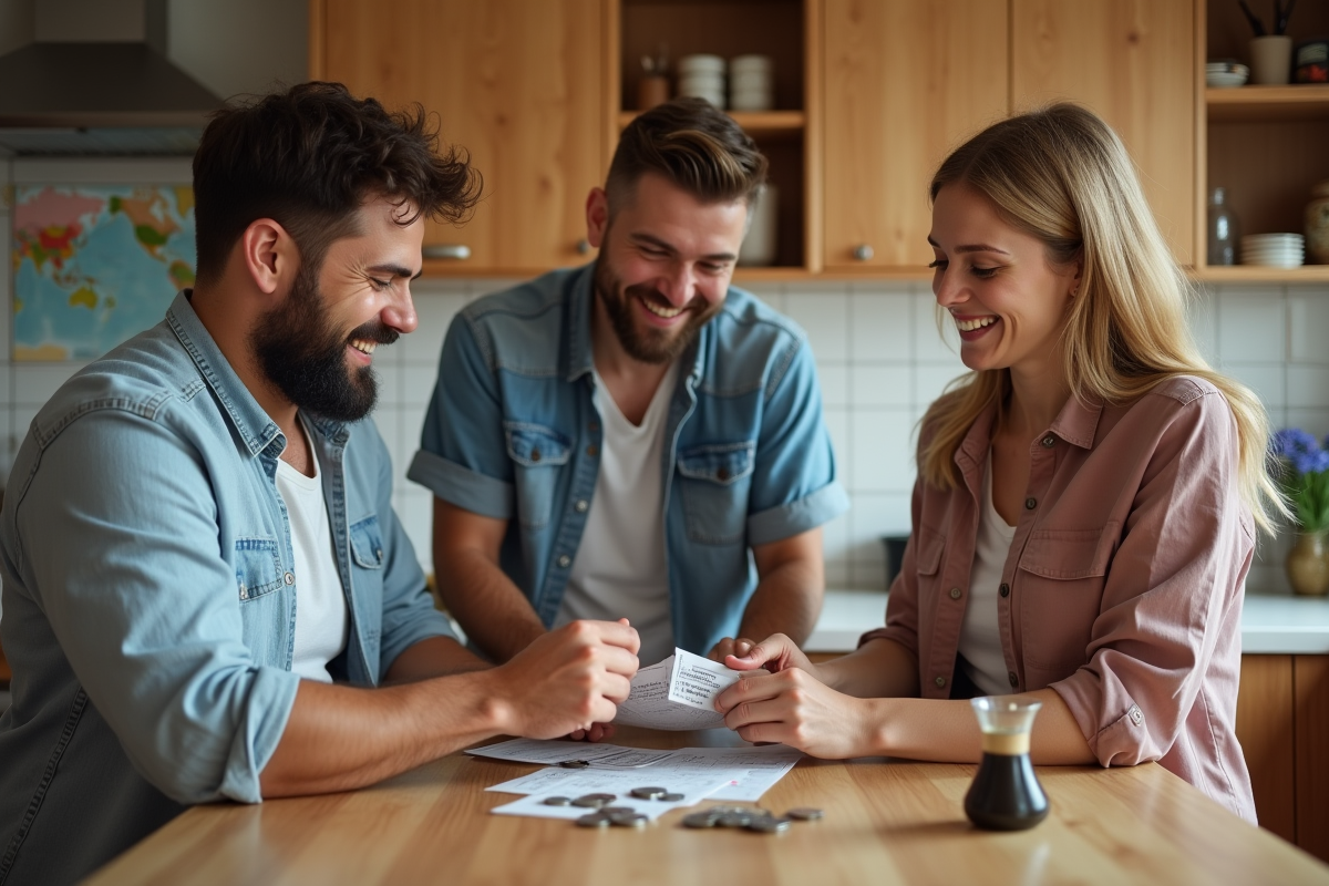 Trois personnes partageant des reçus dans la cuisine