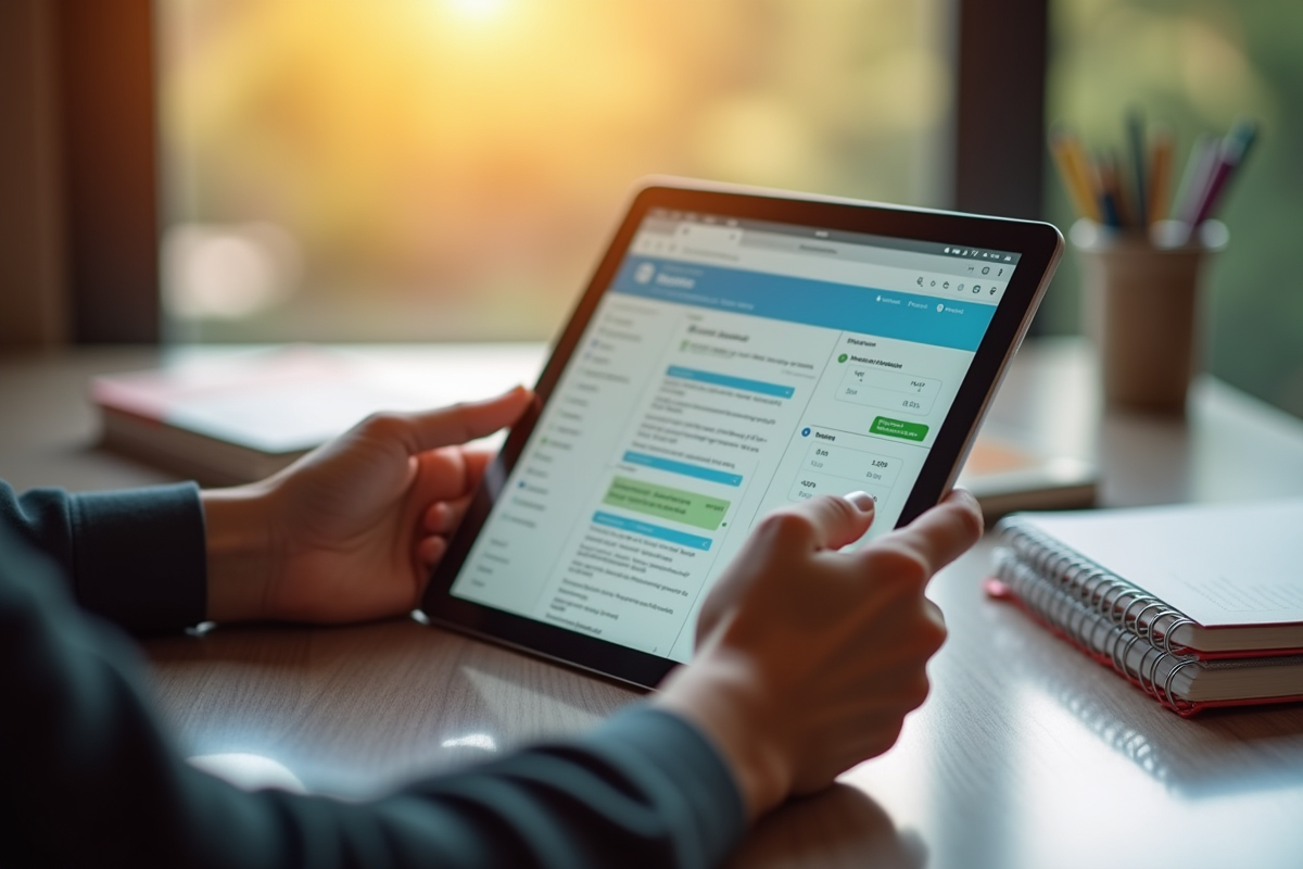 Personne tapant sur une tablette avec dashboard académique