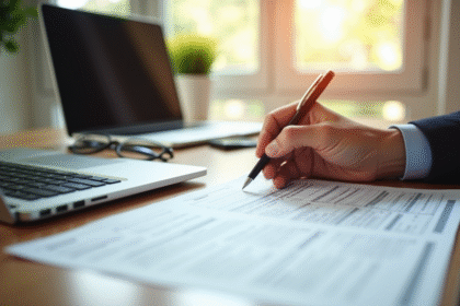 Personne remplissant un formulaire officiel à un bureau lumineux