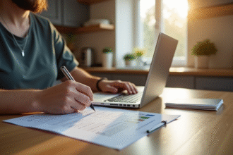 Personne examinant documents de revenus locatifs à la maison