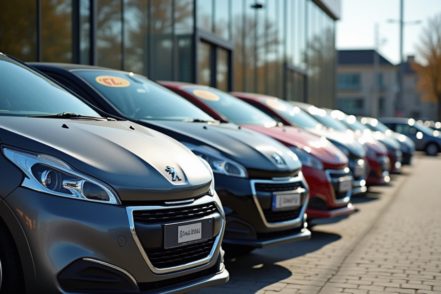 Plusieurs Peugeot 208 garées avec prix affichés en concession
