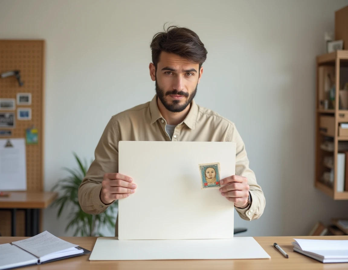 Jeune vendeur tenant une carte postale de collection devant un fond blanc artisanal pour réaliser une photo de produit amateur, erreur courante sur les plateformes comme Delcampe