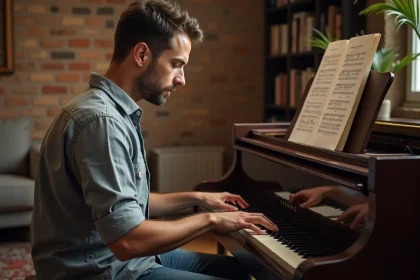 Pianiste analysant les accords d'introduction d'une chanson sur une partition annotée au piano