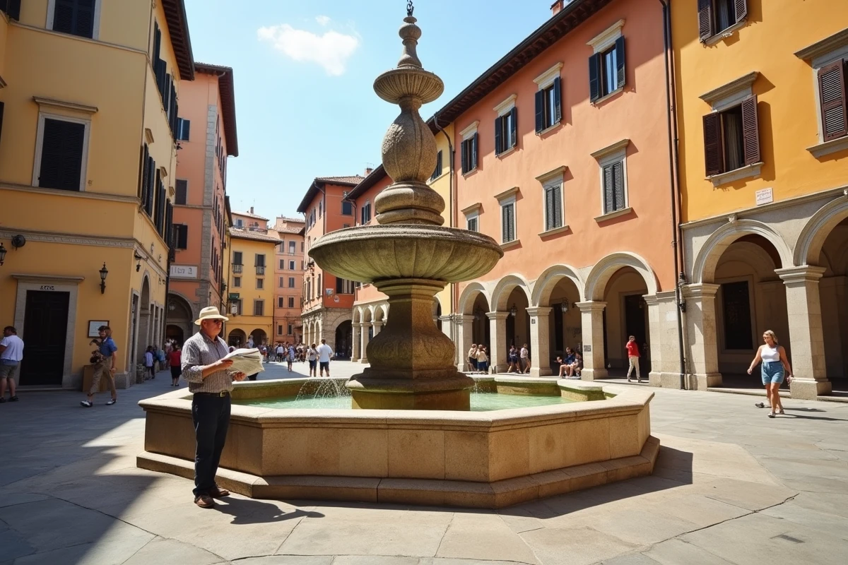 Place italienne ensoleillée avec fontaine en pierre Renaissance et habitants en promenade