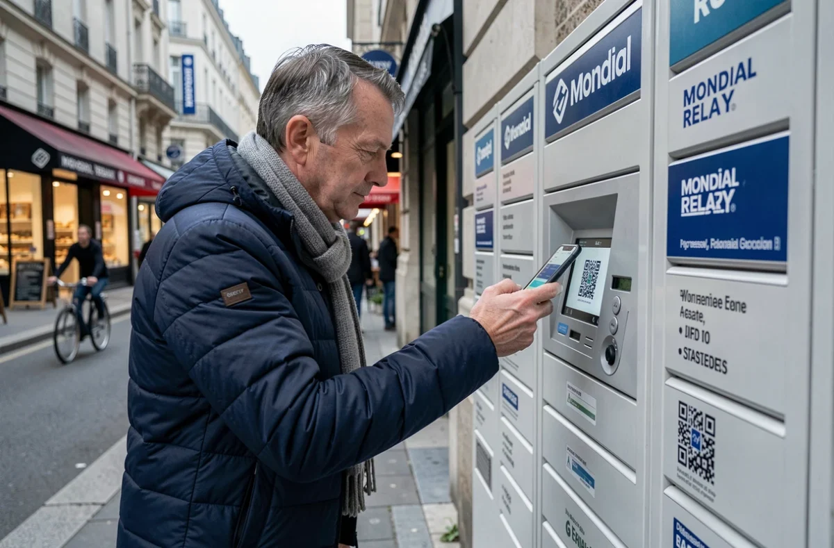 Homme scannant un QR code à une consigne automatique Mondial Relay en milieu urbain