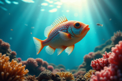 Poisson fugu nageant près des coraux colorés en plongée