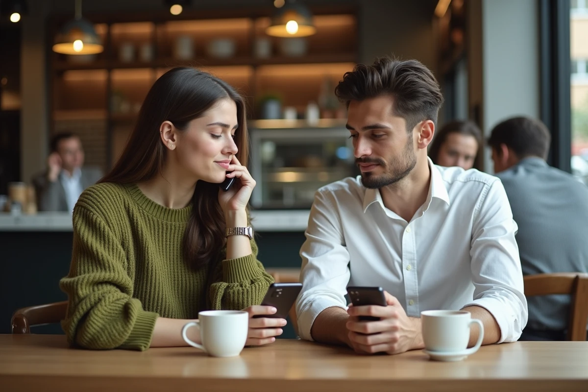 Deux jeunes professionnels dans un café, l'un en plein appel téléphonique, illustrant la gêne liée aux nouvelles normes de politesse sur mobile