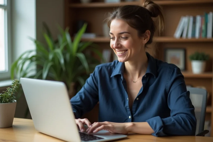 Femme mettant fin à un appel vidéo sur ordinateur portable dans un bureau à domicile, illustrant les nouvelles règles de politesse en visioconférence