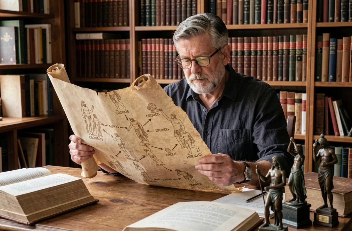 Professeur de mythologie grecque étudiant un parchemin représentant l'arbre généalogique de Zeus dans une bibliothèque universitaire