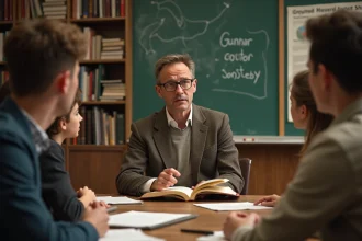 Professeur d histoire avec livre sur Gunnar Sonsteby en classe