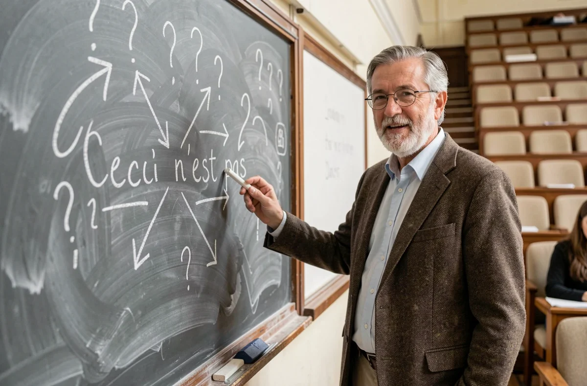 Professeur de sémiologie devant un tableau noir avec des diagrammes et la phrase 'Ceci n'est pas' écrite à la craie, illustrant le cours sur la représentation et la lecture critique des images