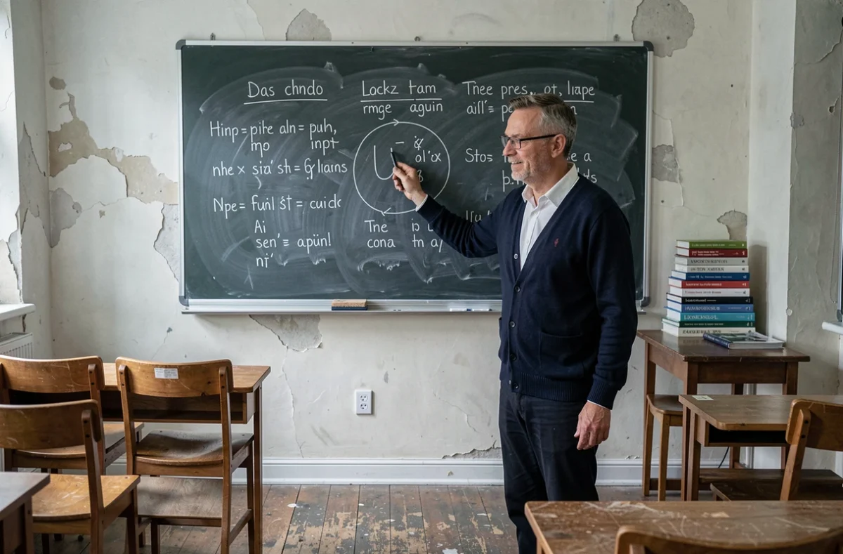 Professeur de linguistique devant un tableau avec des mots en rime en U écrits à la craie dans une salle de cours universitaire