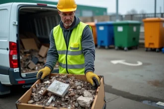 Professionnel du bâtiment déchargeant des déchets de chantier dans une déchèterie municipale avec zones de tri identifiées