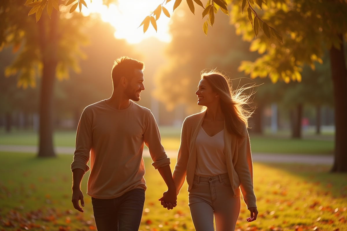 Couple marchant main dans la main dans un parc en fin d