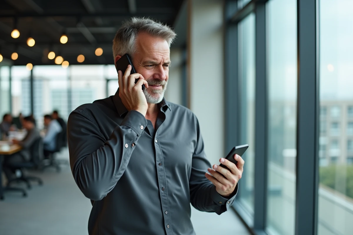 Homme en bureau d'entreprise regardant son téléphone après un raccroché abrupt, évoquant les nouveaux usages de politesse sur mobile