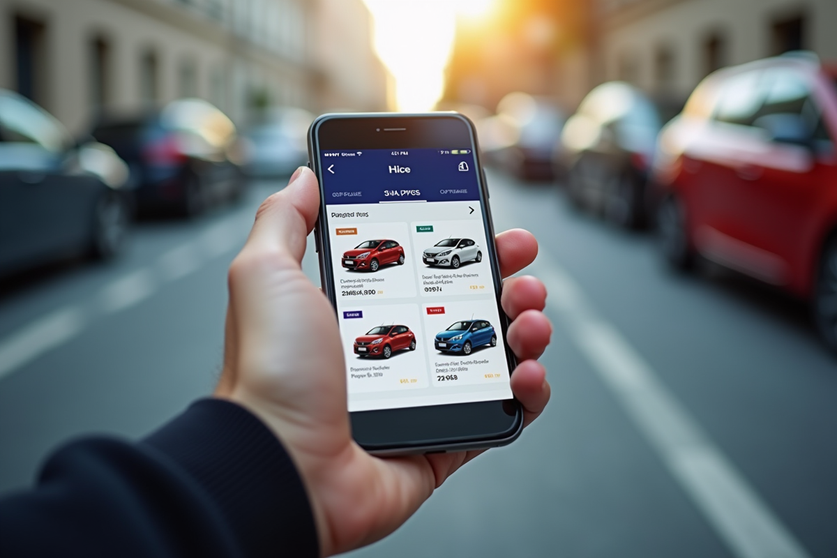 Main tenant un smartphone naviguant sur un site de voitures Peugeot 208