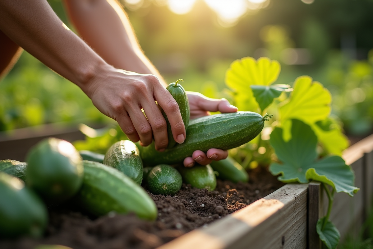 Personne récoltant des concombres mûrs à la main dans le jardin
