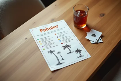Fiche règle du jeu Palmier imprimée posée sur une table en bois avec des cartes à jouer