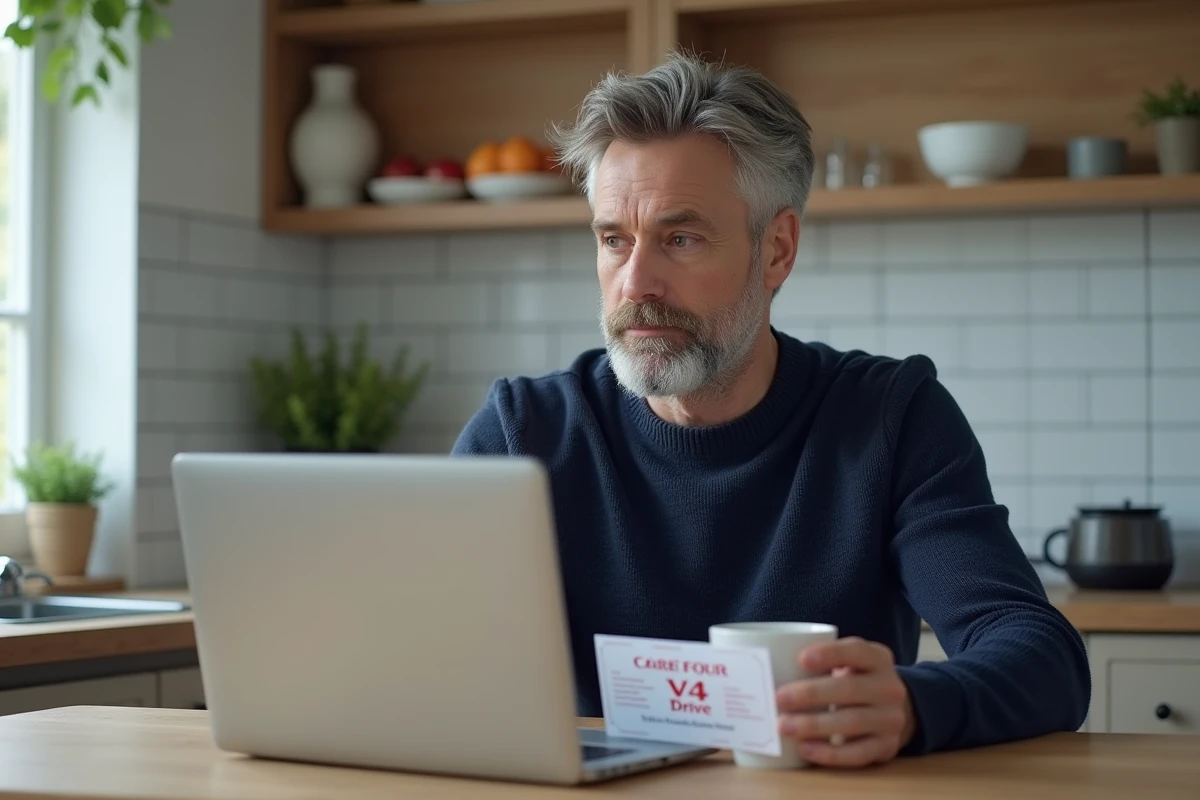 Homme consultant un bon de réduction fidélité Carrefour Drive sur son ordinateur à domicile