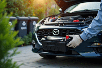 Personne changeant une batterie de voiture dans un extérieur écologique