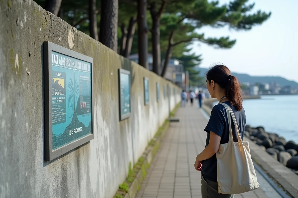 Femme lisant une plaque historique de repère de tsunami sur une digue en béton dans une ville côtière japonaise